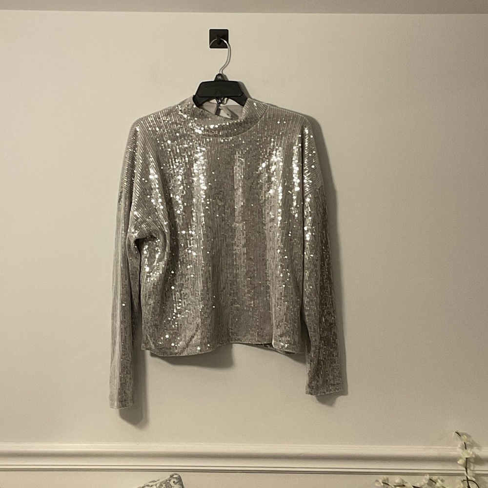 Belldini Silver Sequin Long Sleeve Top